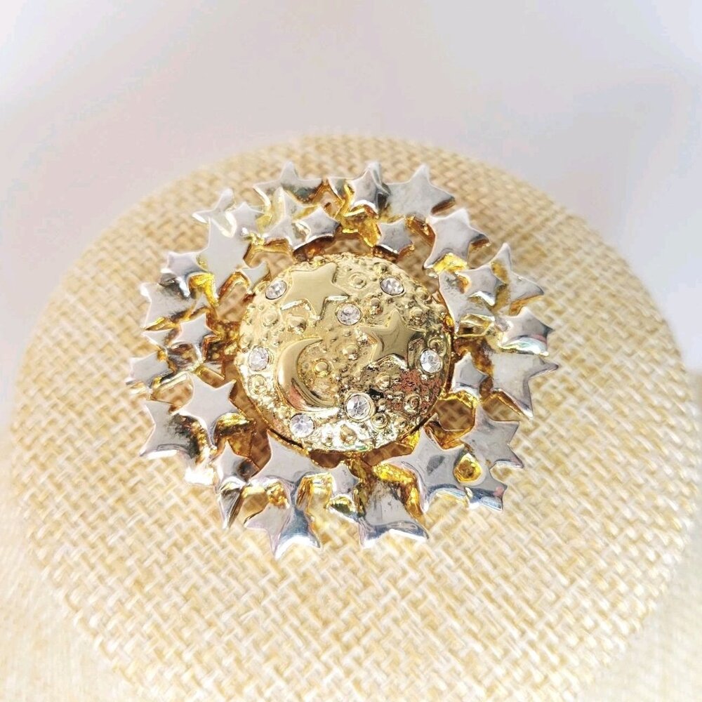 Vtg Celestial Round Pin Brooch Stars Moon Brushed Silver Gold Crystal Rhinestone